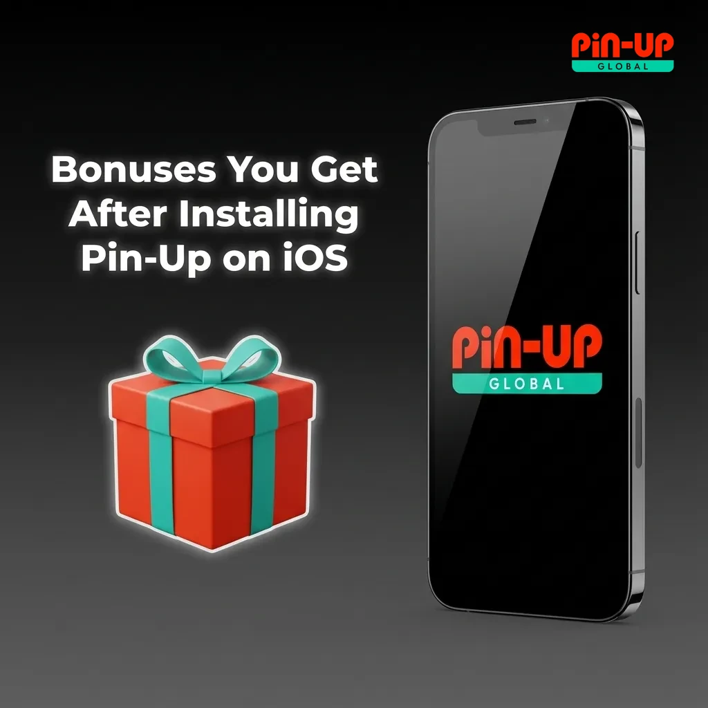 Smartphone showing Pin-Up iOS app welcome bonus offers and promotions list for casino and sports betting