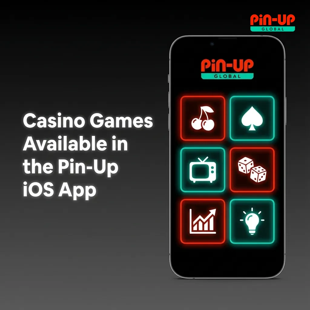 Smartphone showing the Pin-Up iOS casino lobby with slots, roulette, blackjack, baccarat, live dealers, and game shows