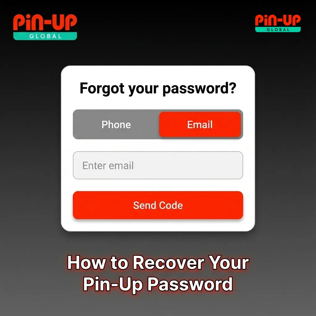 Illustrated Pin-Up login screen showing "Forgot password" steps with email, phone, and security check icons