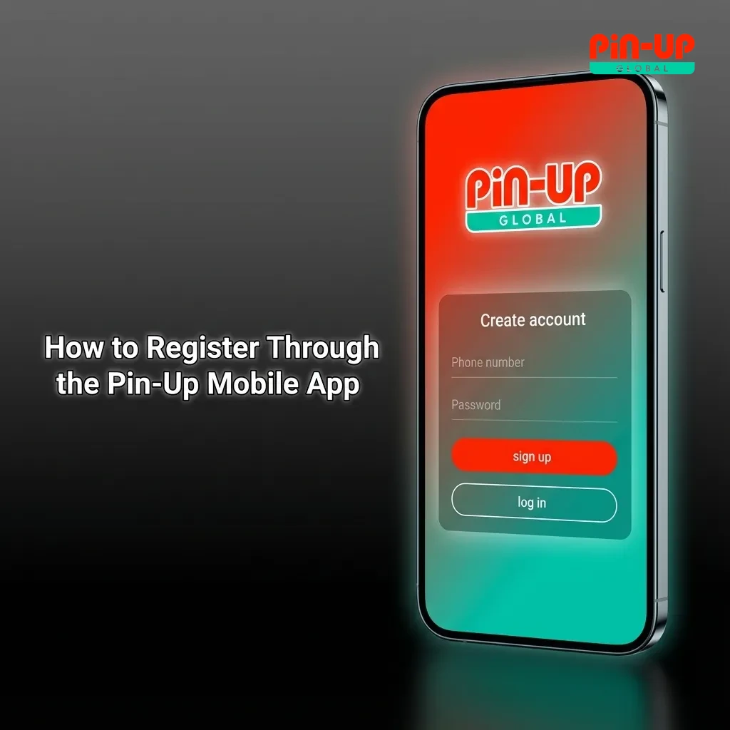 Smartphone showing Pin-Up mobile app registration steps with download, form fields, and login buttons visible on screen