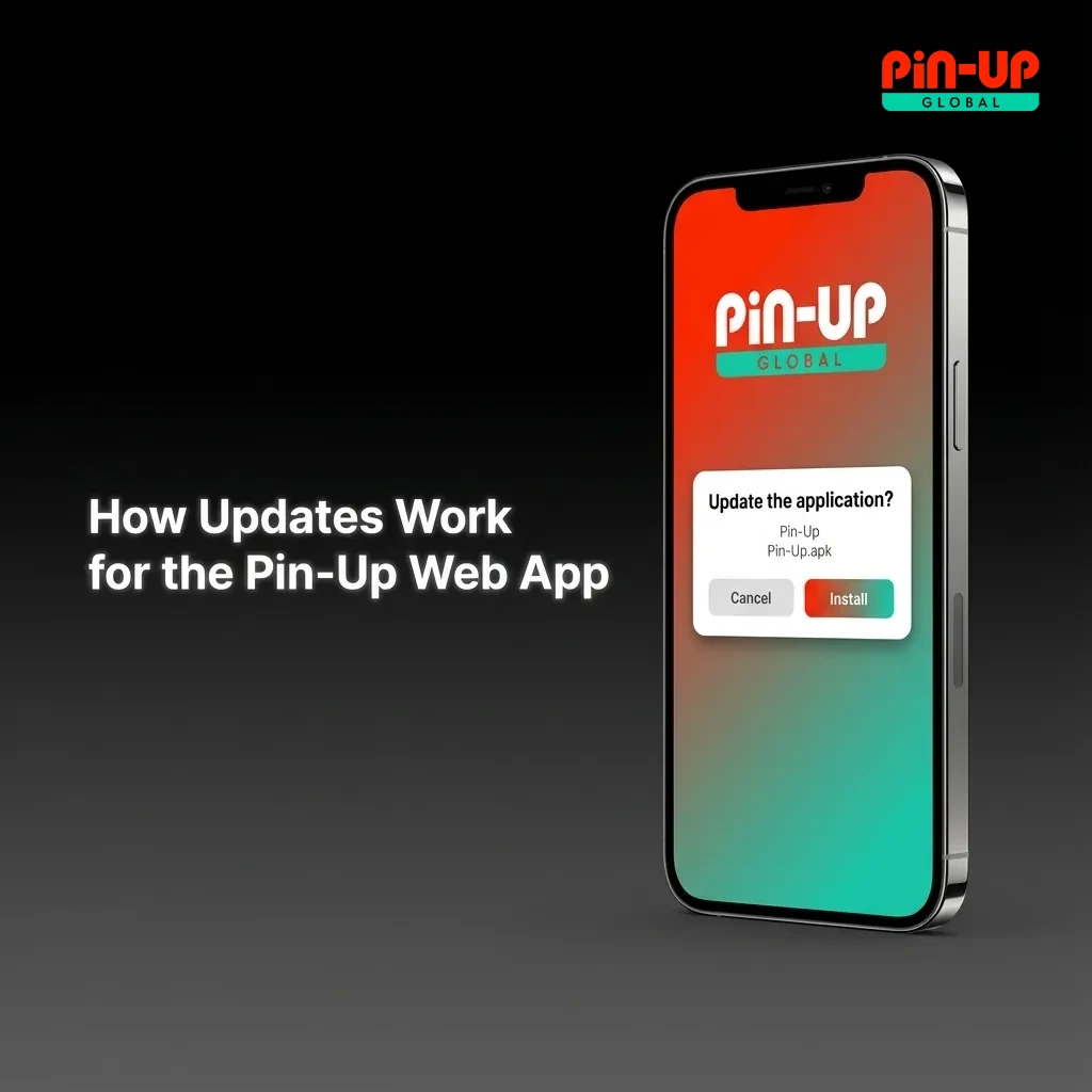 Illustration showing Pin-Up web app auto-updating from servers, with browser and phone icons and no manual install needed