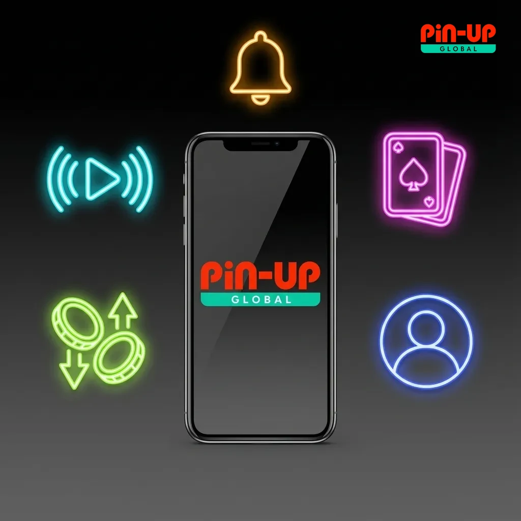 Infographic of Pin-Up betting app features: live sports odds, casino games, UPI deposits, withdrawals, and profile controls.