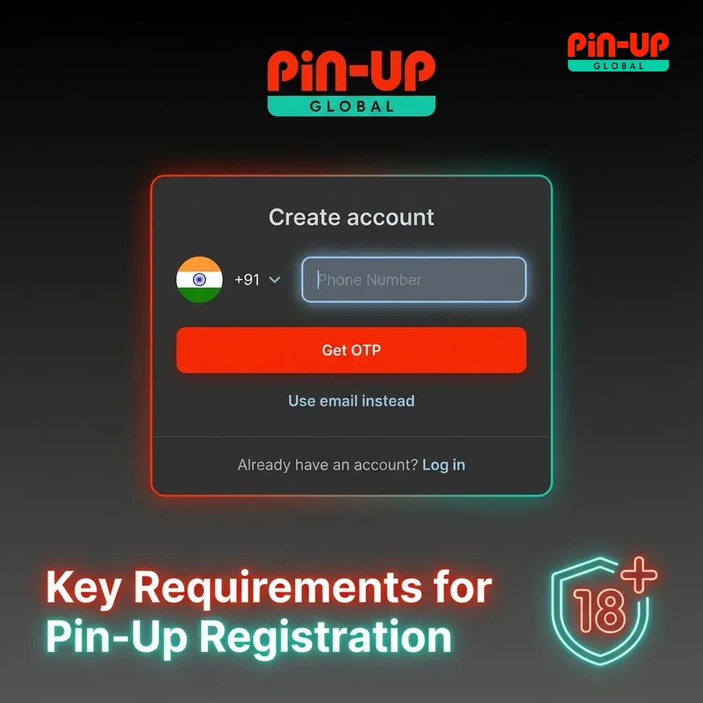 Infographic showing key Pin-Up registration rules: 18+ age, one account, real personal data, respect local laws, secure login.