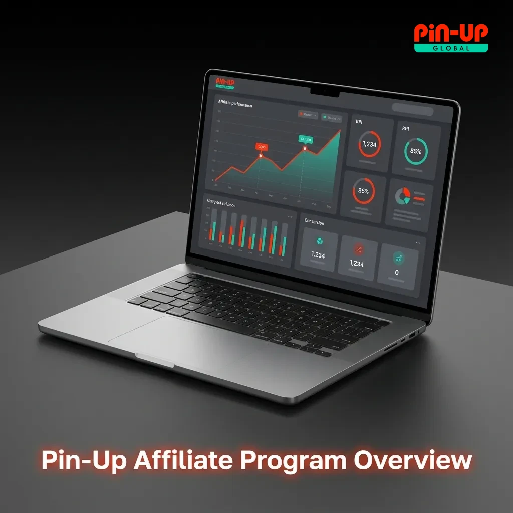 Illustration showing Pin-Up affiliate program benefits: commissions, marketing tools, stats, manager support, and flexible payouts