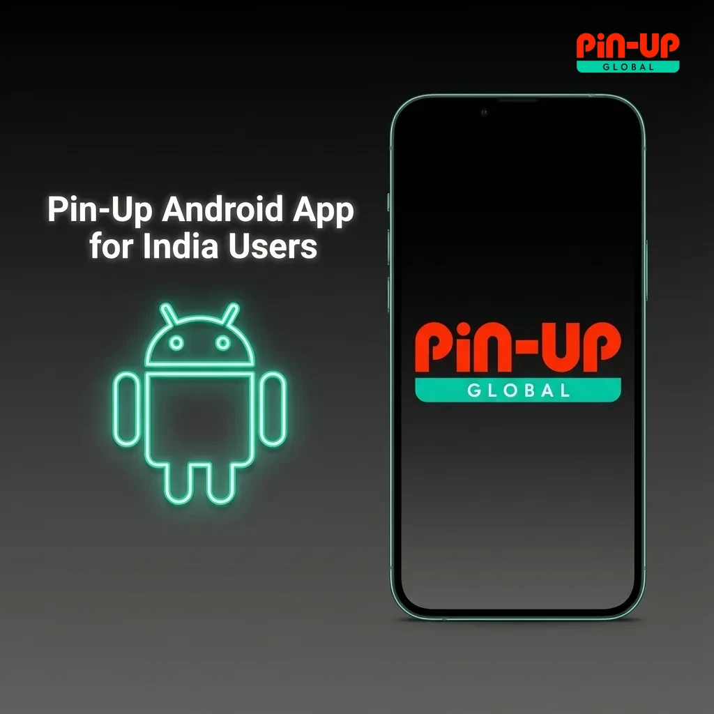 Smartphone displaying Pin-Up betting app interface with sports and casino icons, labeled for Indian Android users