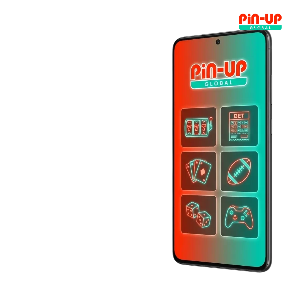 Screenshot of Pin-Up Android app showing sports betting, casino games, and account management options on a smartphone