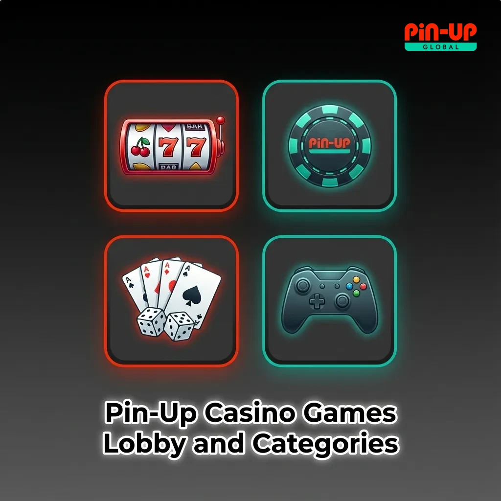 Pin-Up Casino lobby interface showing game thumbnails and category tabs for slots, crash, table, card, poker and jackpots