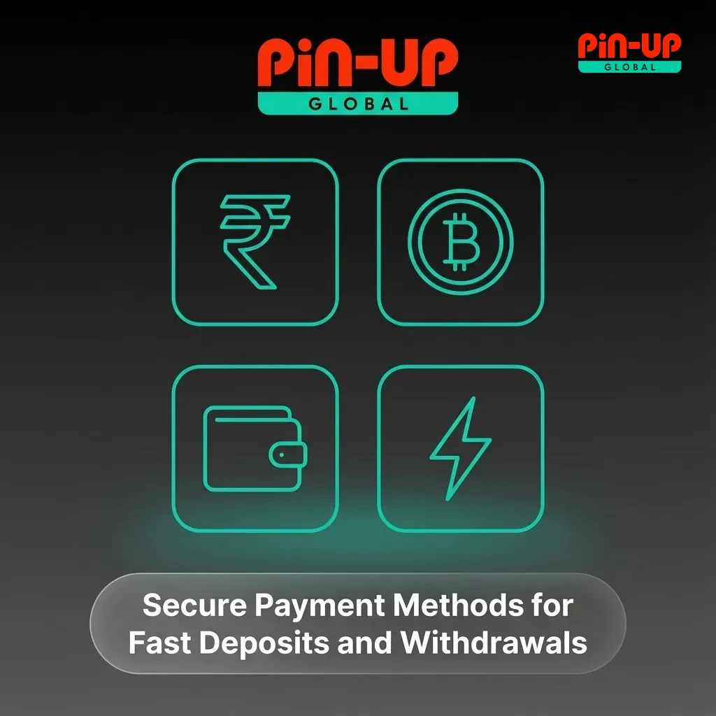Icons of Indian payment methods, bank cards, and cryptocurrencies with a lock symbolizing secure, fast transactions