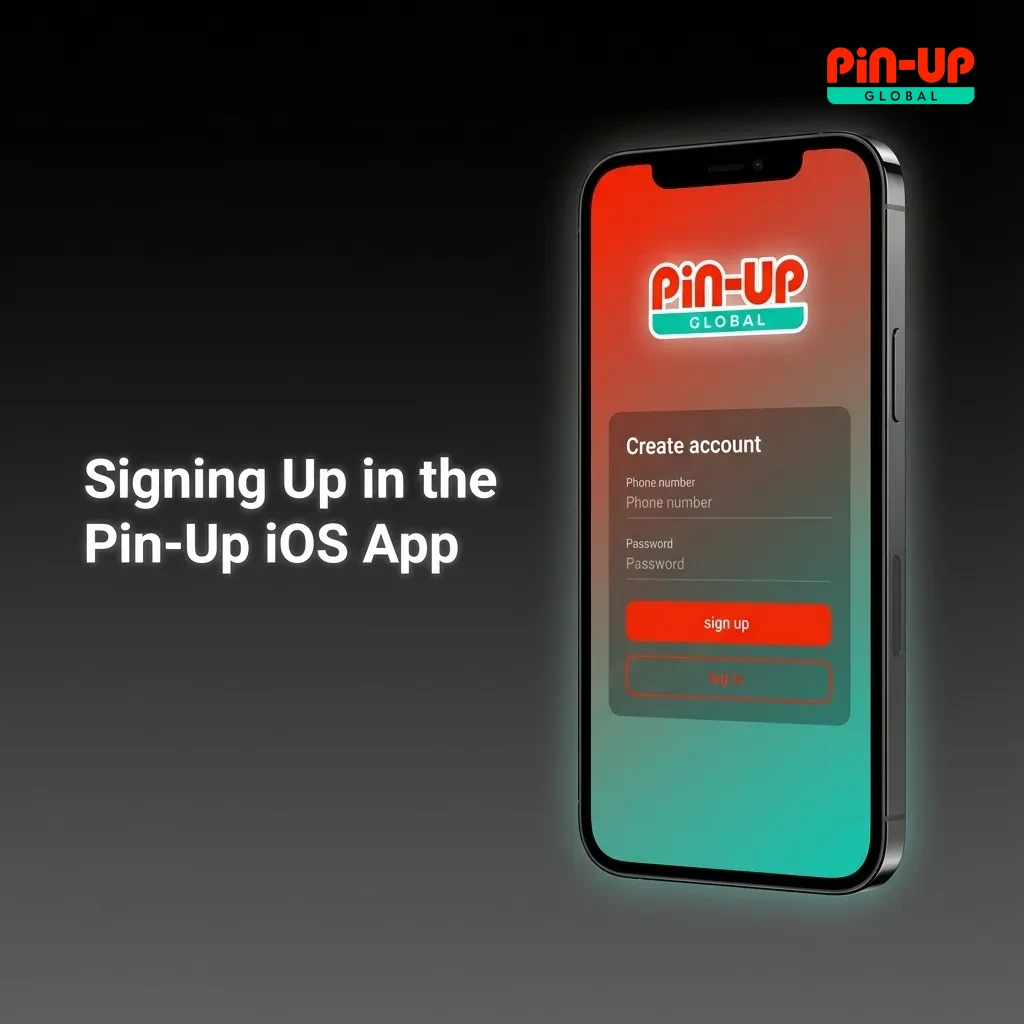 Person holding iPhone with Pin-Up iOS app sign-up form showing email, country India, currency INR, and promo code fields