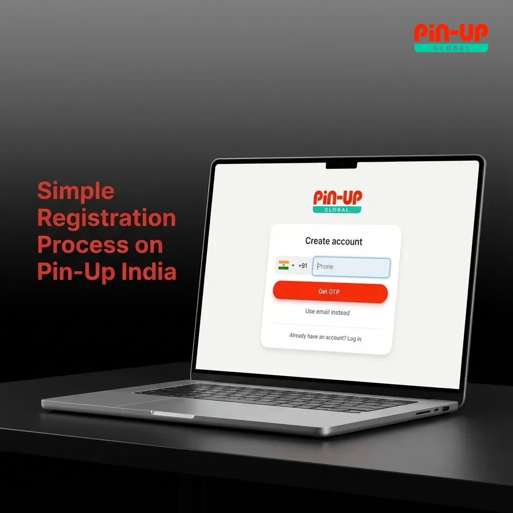 Illustrated Pin-Up India registration steps showing buttons, form fields, and icons for email, mobile, bonus, and betting access