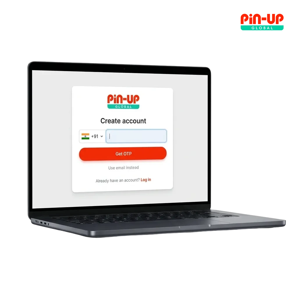 Illustration promoting quick Pin-Up India registration with phone, email, one-click, social sign-up and 125% INR welcome bonus