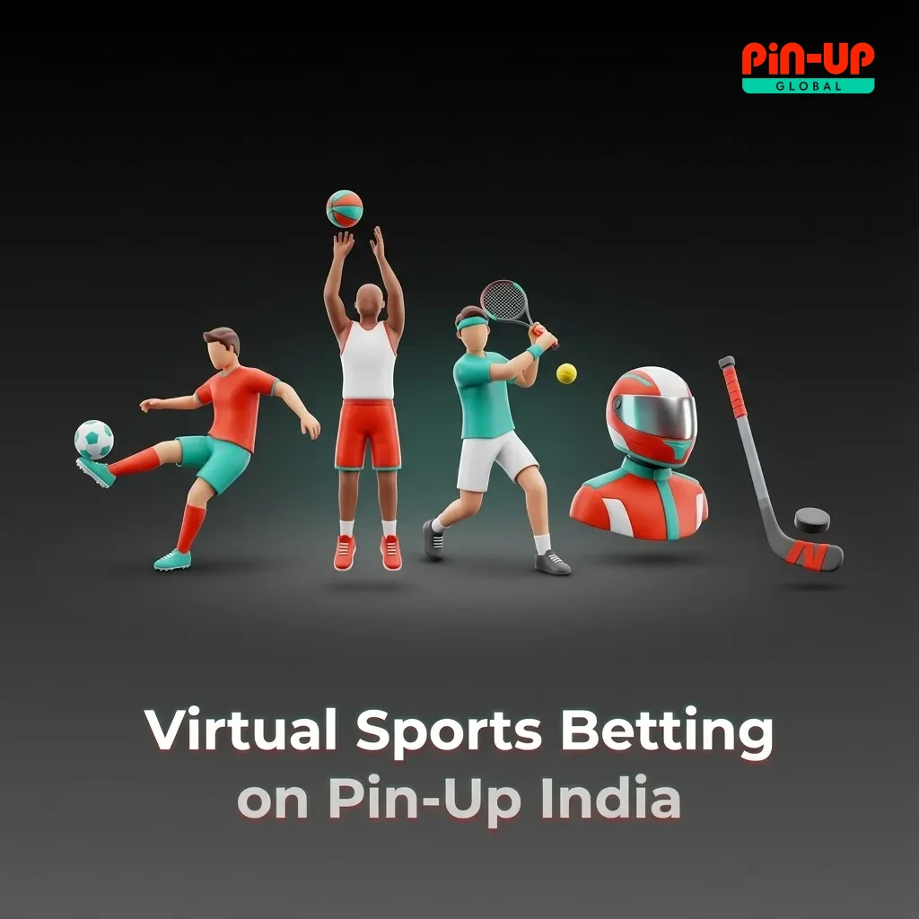 Illustration of Pin-Up India virtual sports betting with animated football, cricket, horse and greyhound races running